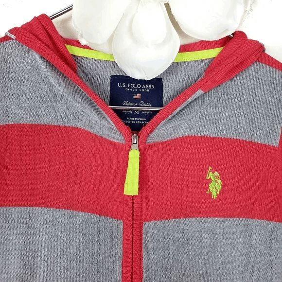 US Polo Assn Coral & Gray Striped Long Sleeve Polo Hooded Zip Up Size: Medium - Picture 3 of 6
